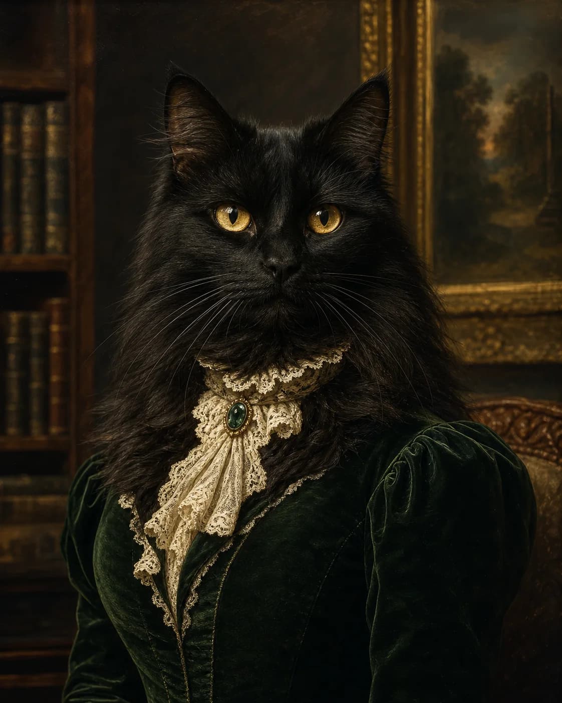 Black cat in an emerald Victorian gown with a lace collar