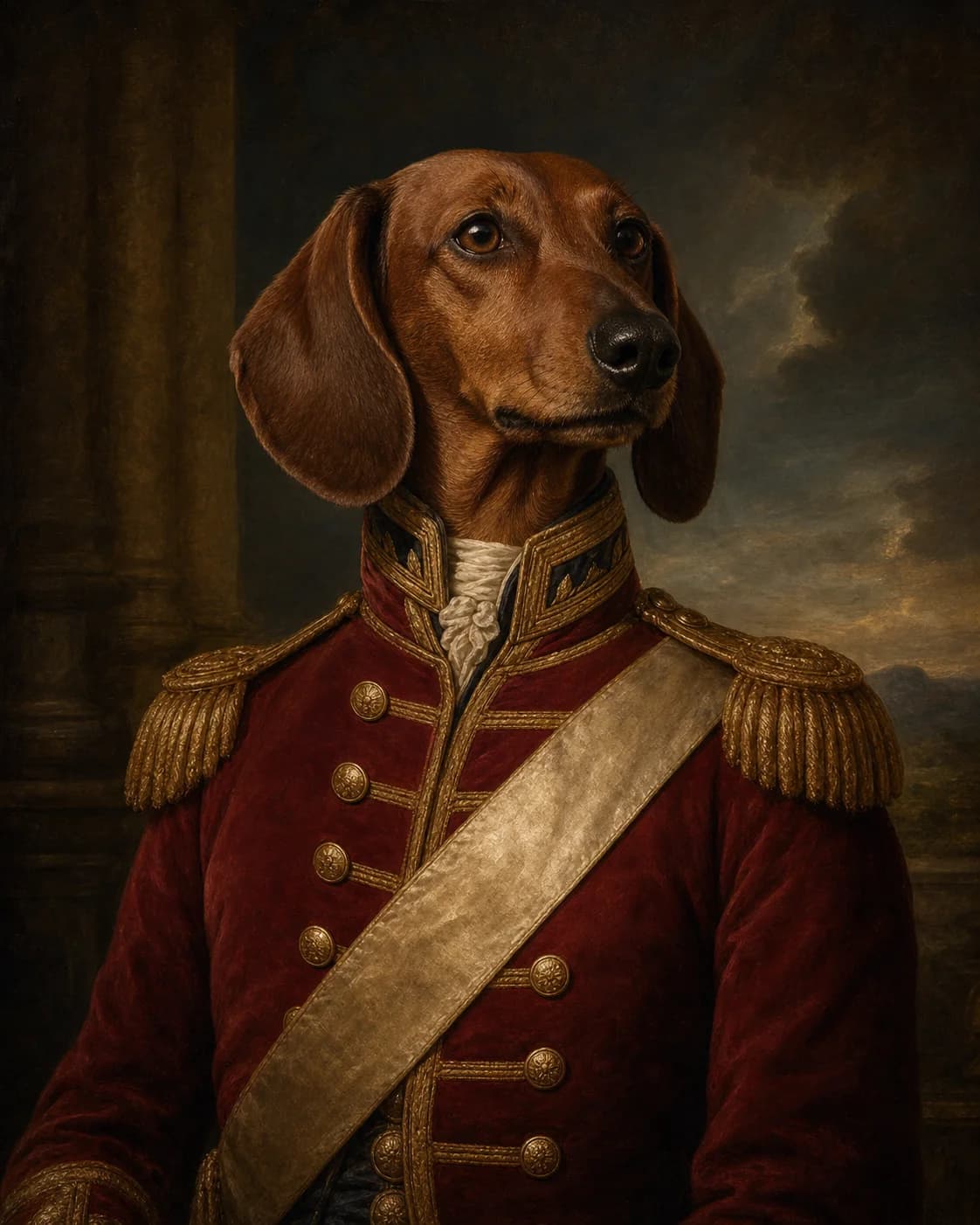 Brown dachshund in an oxblood ceremonial commander's coat
