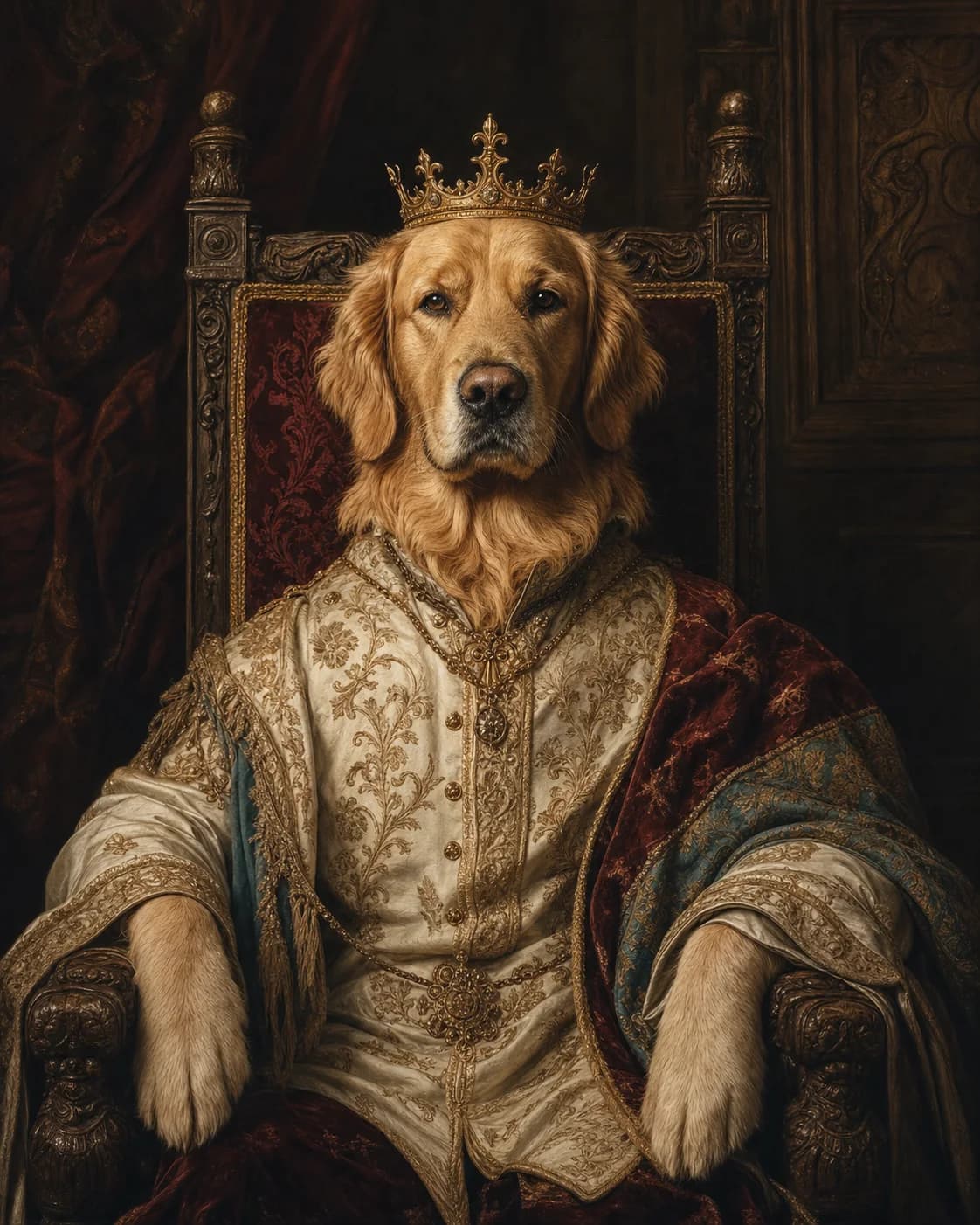 Golden retriever transformed into a Renaissance sovereign
