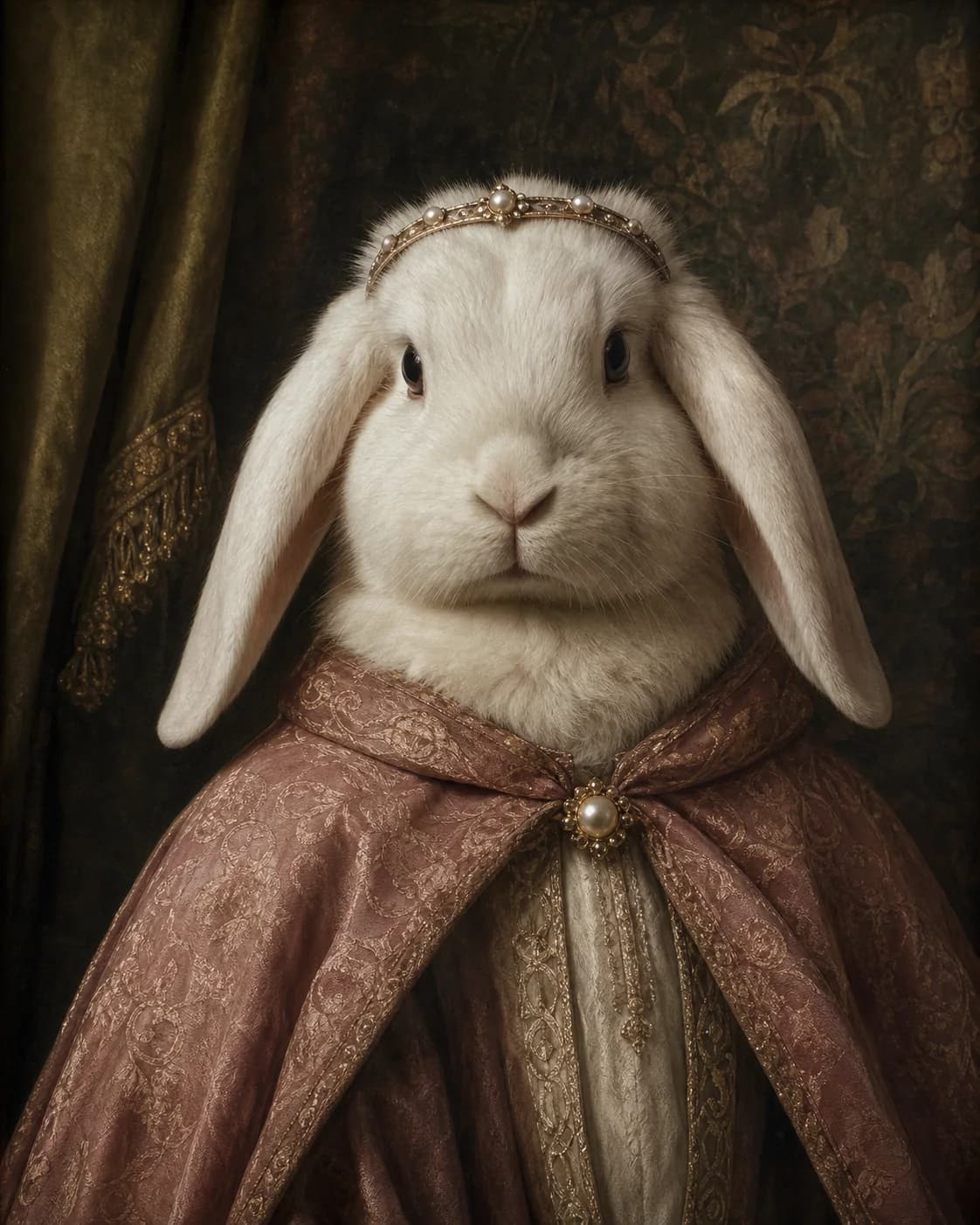 White lop-eared rabbit in a dusty rose Renaissance mantle